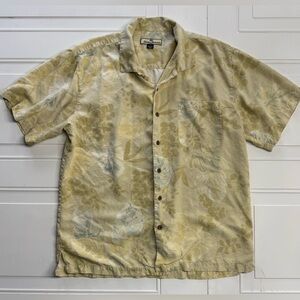 Tommy Bahama 100% Silk Yellow White Short Sleeve Button Up Shirt Mens Large